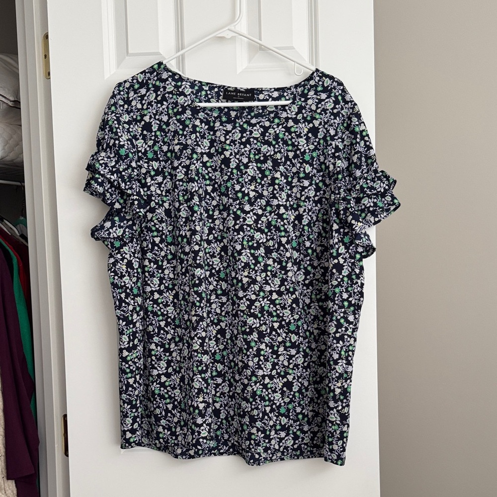 Lane Bryant Black Floral Ruffle Sleeve Blouse